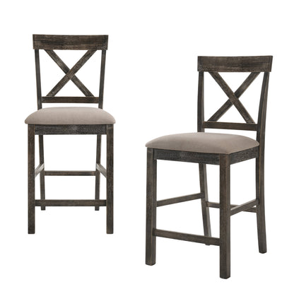 Set of Two 26" Tan and Gray Solid Wood and Linen Counter Height Bar Chairs