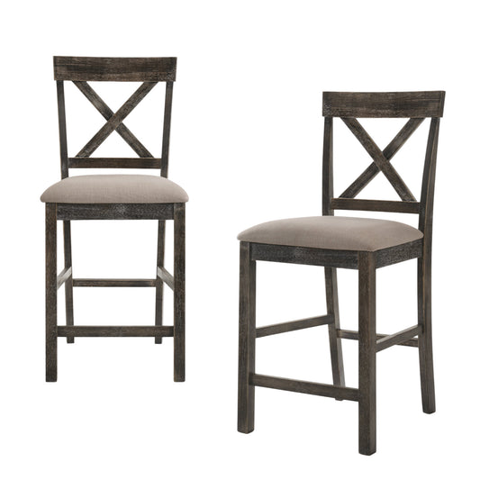 Set of Two 26" Tan and Gray Solid Wood and Linen Counter Height Bar Chairs