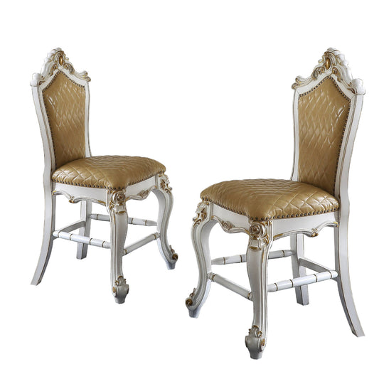 Set of Two 24" Brown and Pearl Faux Leather and Solid Wood Counter Height Bar Chairs