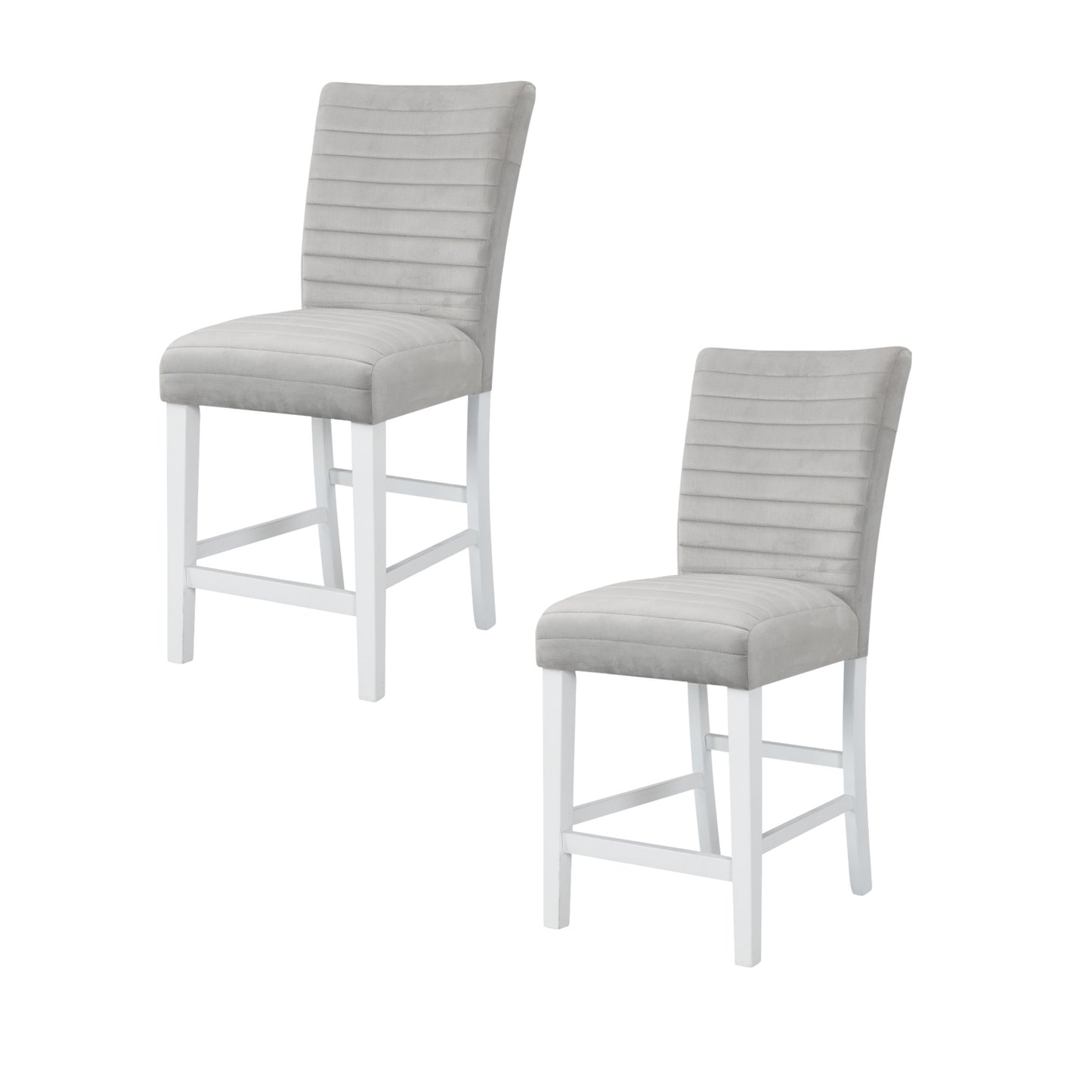 Set of Two 25" Gray and White Velvet and Solid Wood Counter Height Bar Chairs
