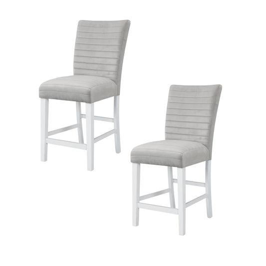 Set of Two 25" Gray and White Velvet and Solid Wood Counter Height Bar Chairs
