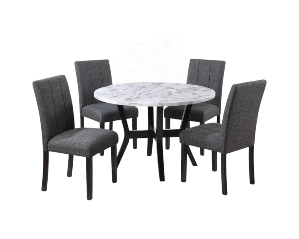 Five Piece White and Black Round Faux Marble Dining Set with Four Chairs