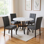 Five Piece White and Black Round Faux Marble Dining Set with Four Chairs
