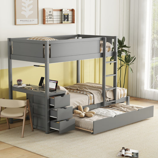 Twin-Over-Twin Bunk Bed With Twin Size Trundle, Storage And Desk, Gray