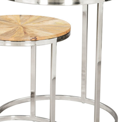 Set of Two Natural And Silver Solid Wood And Iron Round Frame Nested Tables