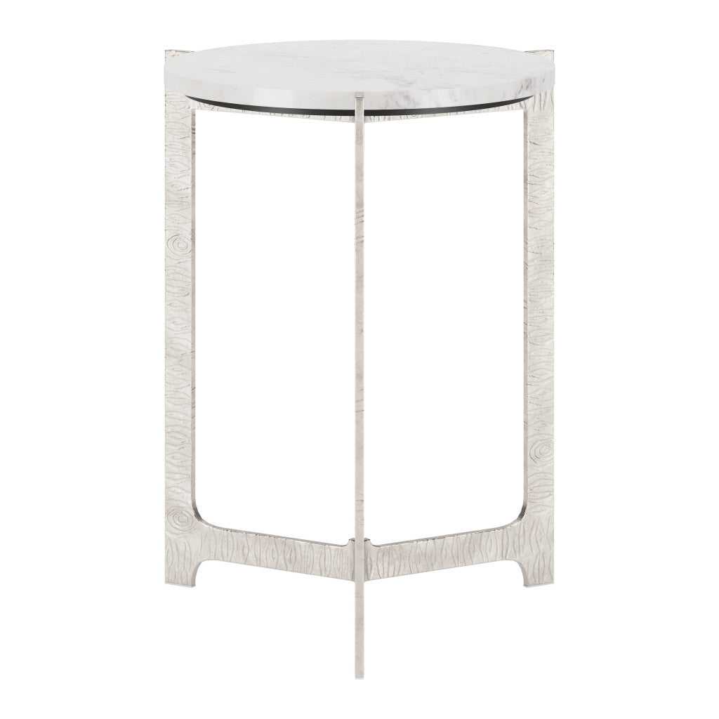 25" White And Silver Marble And Aluminum Round Cross Legs End Table