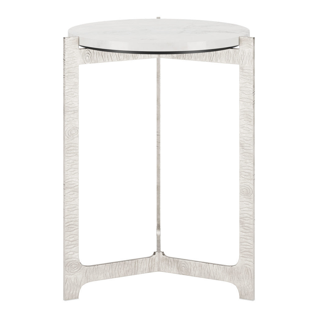 25" White And Silver Marble And Aluminum Round Cross Legs End Table