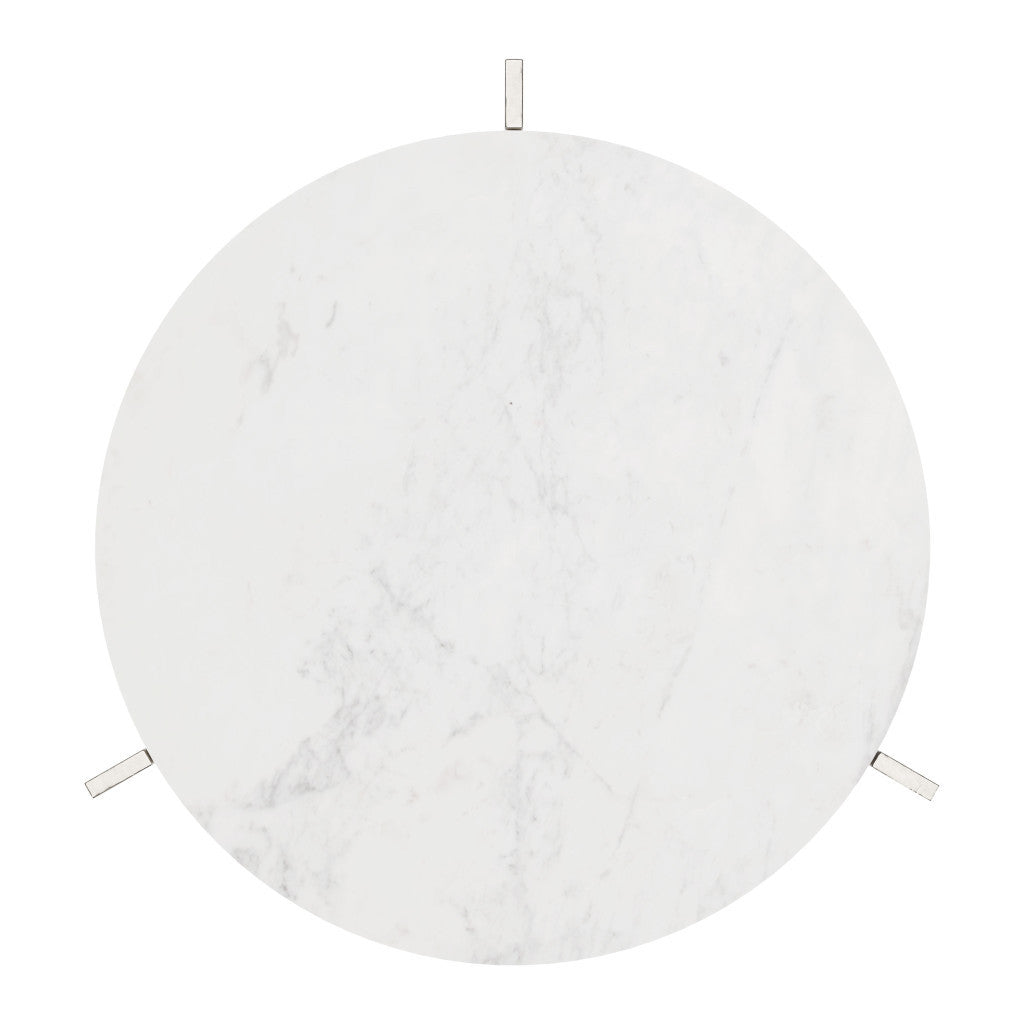 25" White And Silver Marble And Aluminum Round Cross Legs End Table