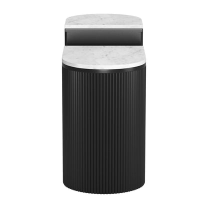 Set of Two Black And White Solid Wood And Marble Oval Block End Tables