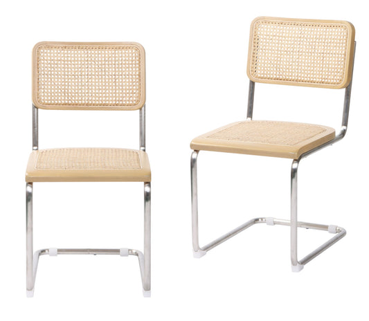 Set of Two Natural and Silver Steel Open Back Dining Side Chairs
