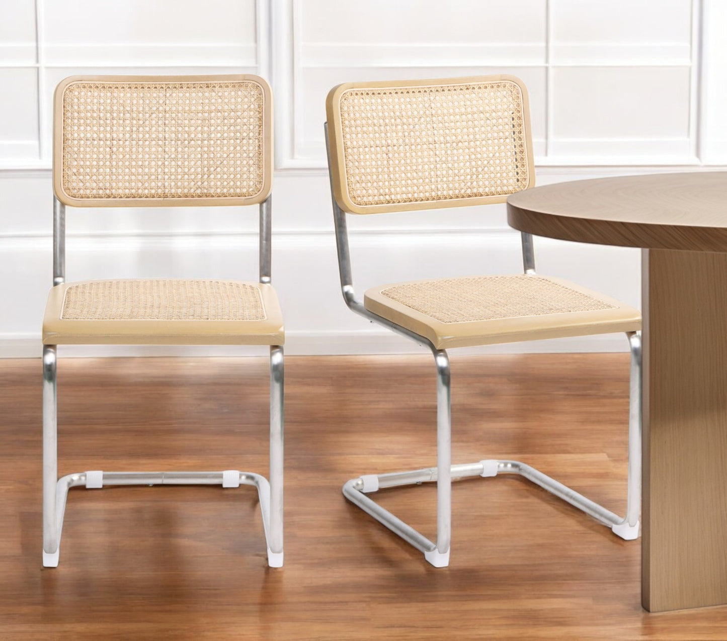 Set of Two Natural and Silver Steel Open Back Dining Side Chairs