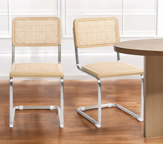 Set of Two Natural and Silver Steel Open Back Dining Side Chairs