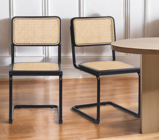 Set of Two Black and Natural Steel Open Back Dining Side Chairs