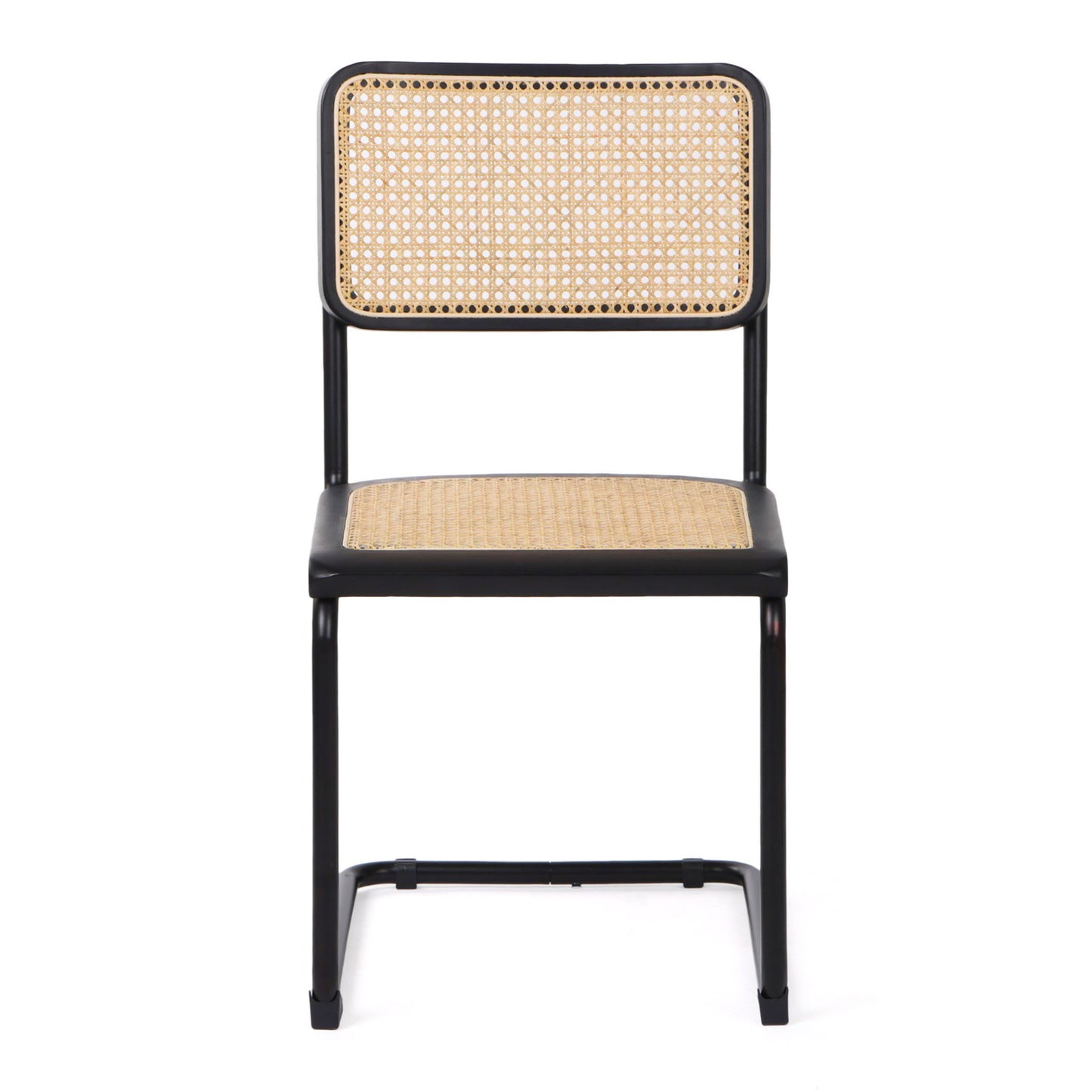 Set of Two Black and Natural Steel Open Back Dining Side Chairs