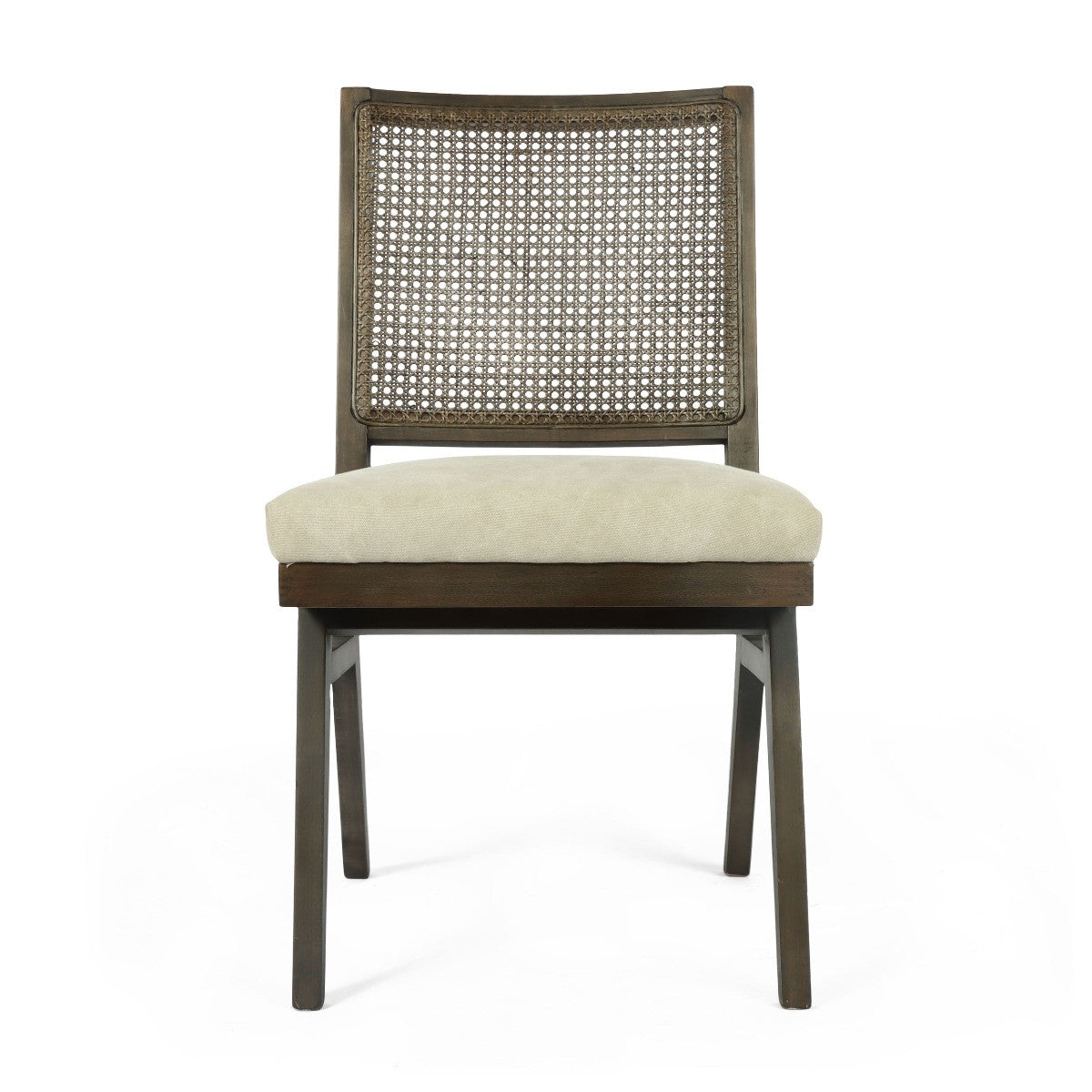 Set of Two Dark Brown And Gray Wood Cane And Upholstery Dining Side Chairs