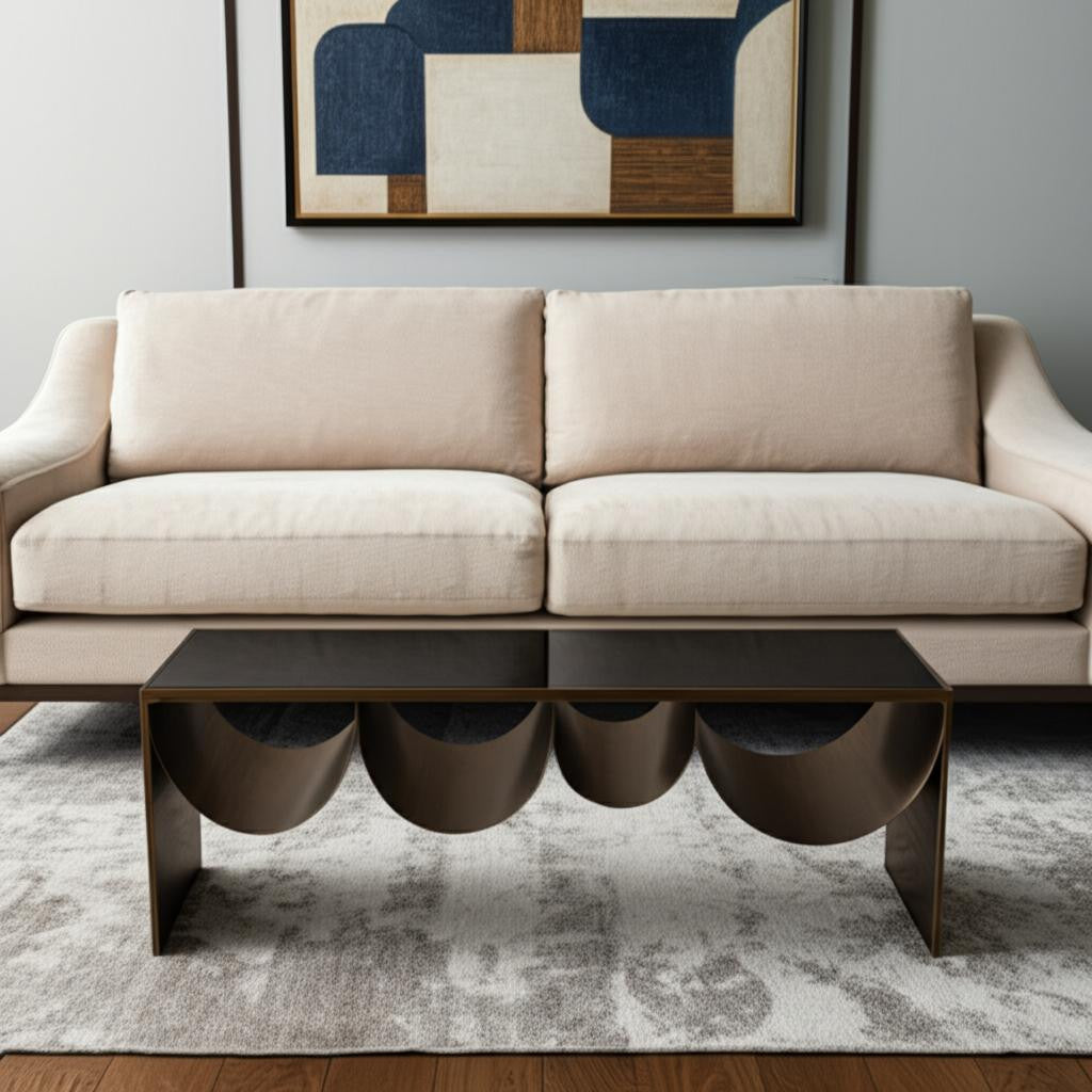 48" Black and Brass Mirrored Glass and Steel Solid Coffee Table