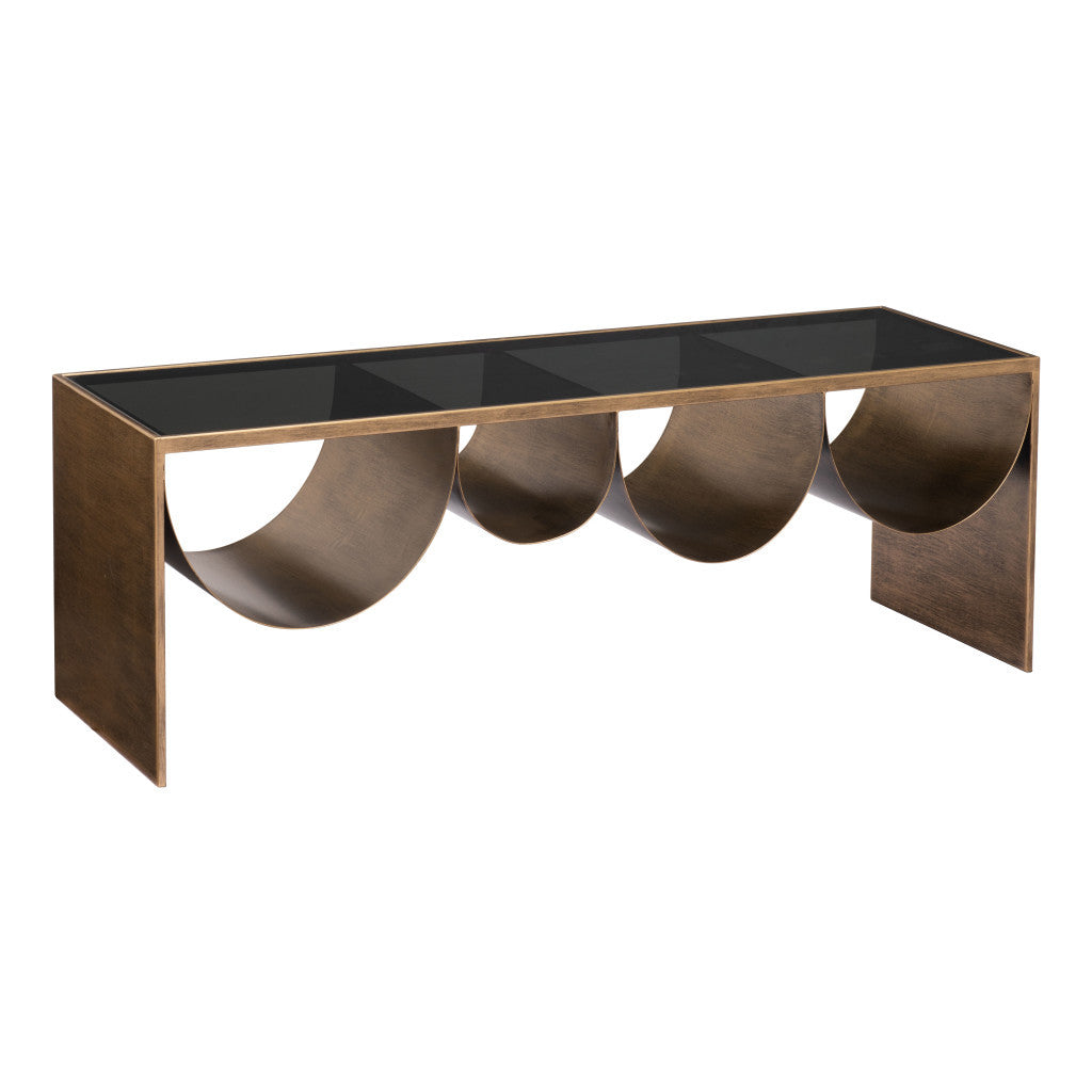 48" Black and Brass Mirrored Glass and Steel Solid Coffee Table