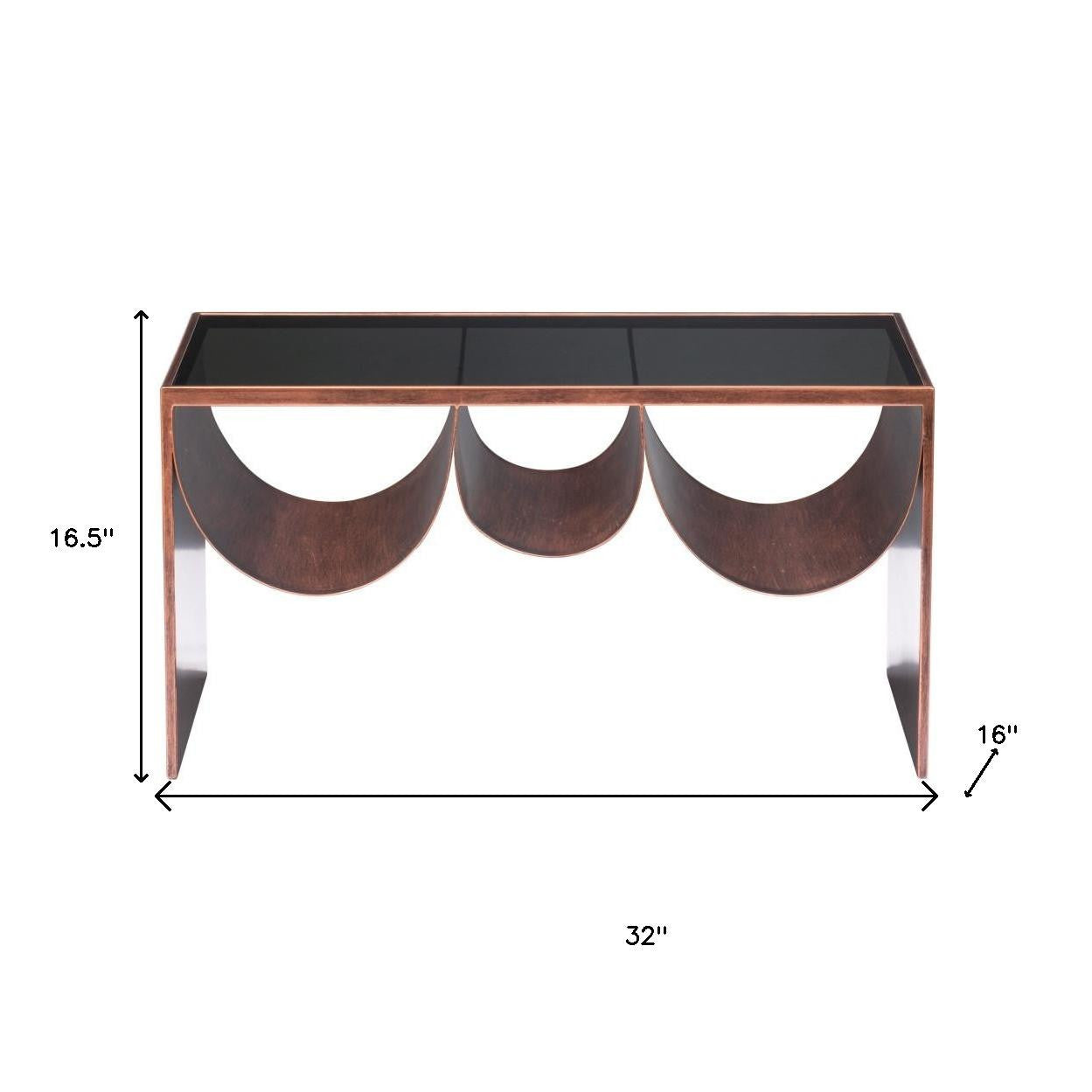 32" Black and Copper Mirrored Glass and Steel Solid Coffee Table