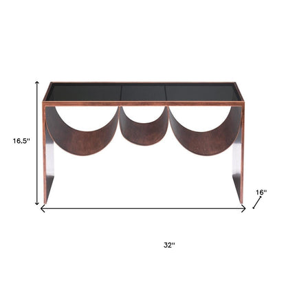 32" Black and Copper Mirrored Glass and Steel Solid Coffee Table
