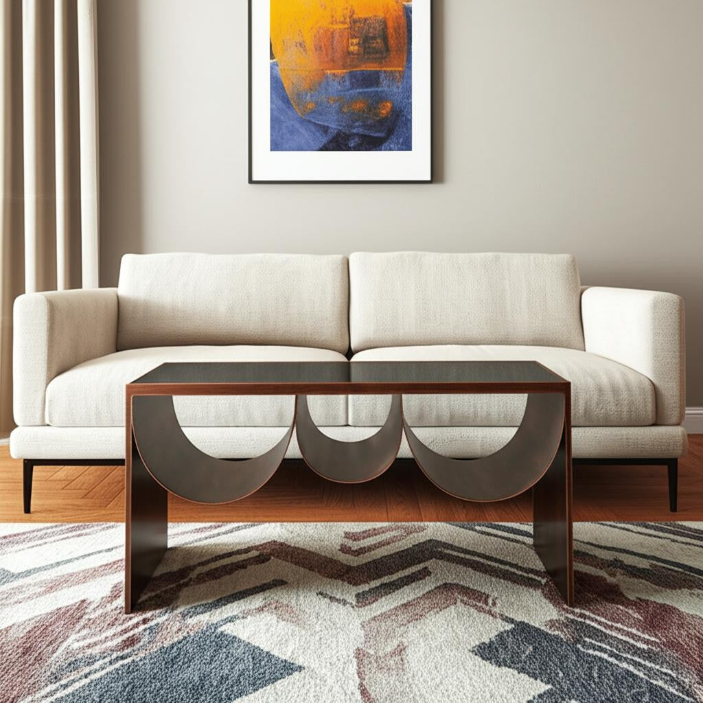 32" Black and Copper Mirrored Glass and Steel Solid Coffee Table