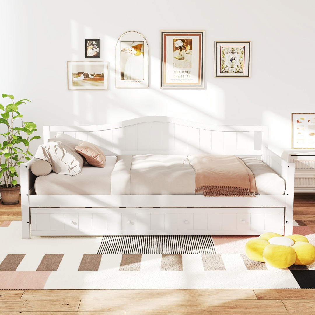 Twin Size Day Bed Frame With Trundle, Integrated Headboard & Armrests, Space-Saving Trundle Bed , Sturdy Wood Construction