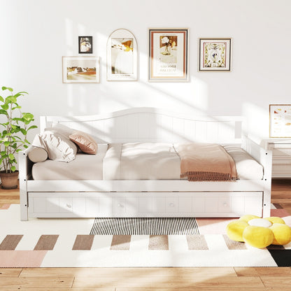Twin Size Day Bed Frame With Trundle, Integrated Headboard & Armrests, Space-Saving Trundle Bed , Sturdy Wood Construction