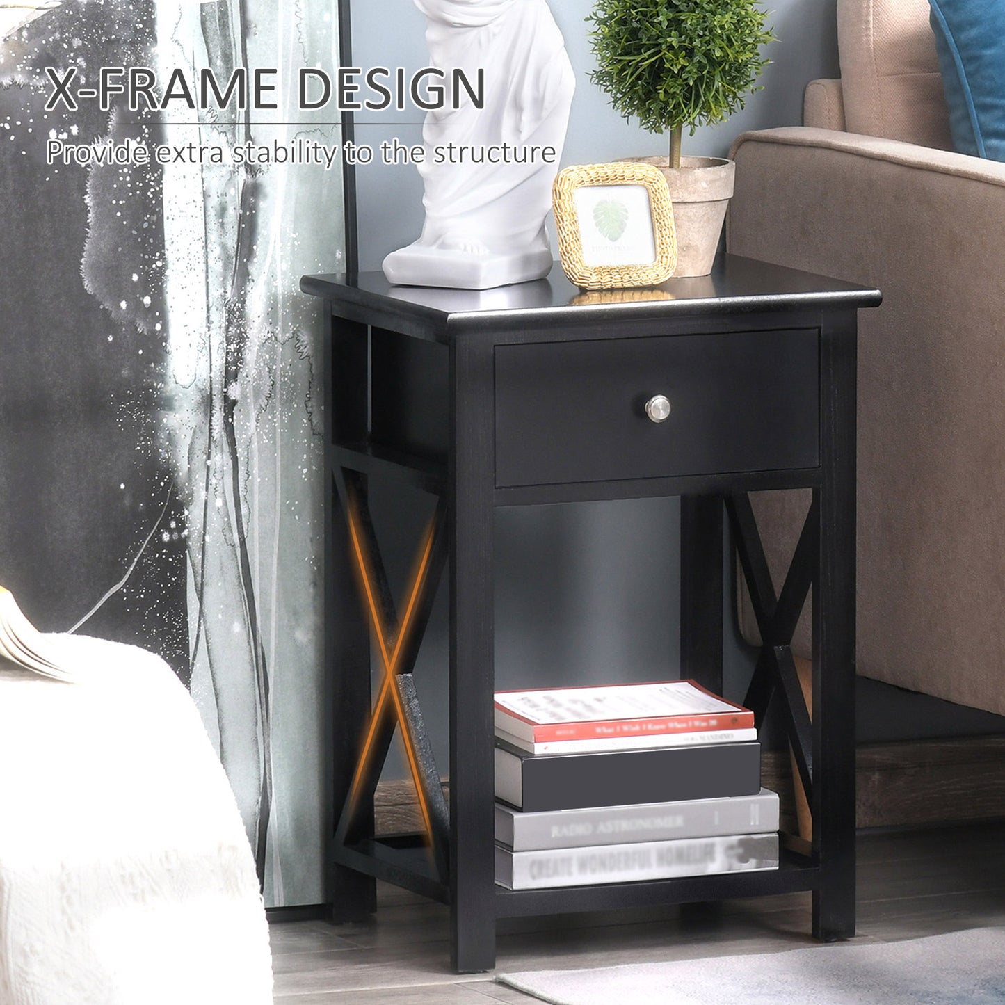 End Table, Sofa Side Table With Drawer X Bar Bottom Storage Shelf, Nightstand Bedside Table For Bedroom Or Living Room Black