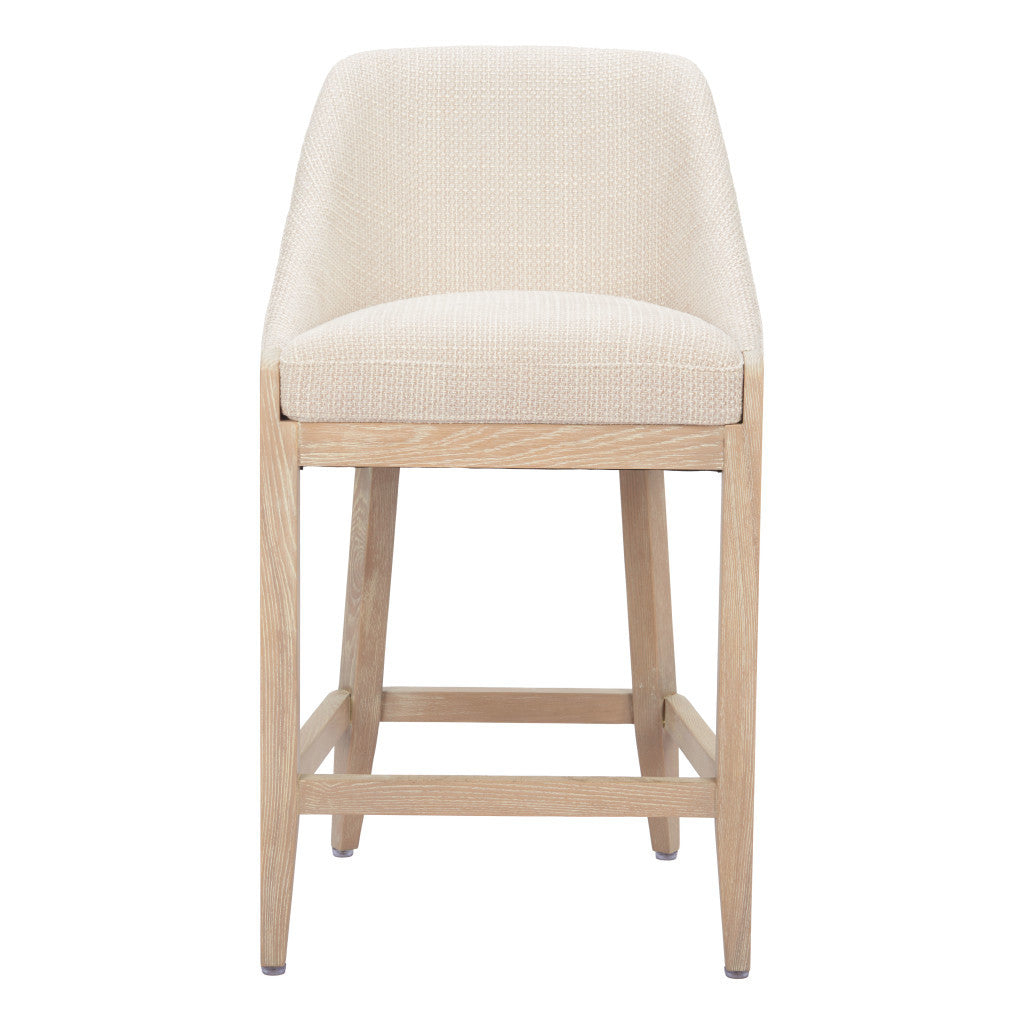 27" Beige and Natural Fabric and Solid Wood Counter Height Bar Chair