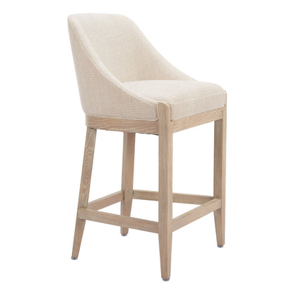 27" Beige and Natural Fabric and Solid Wood Counter Height Bar Chair