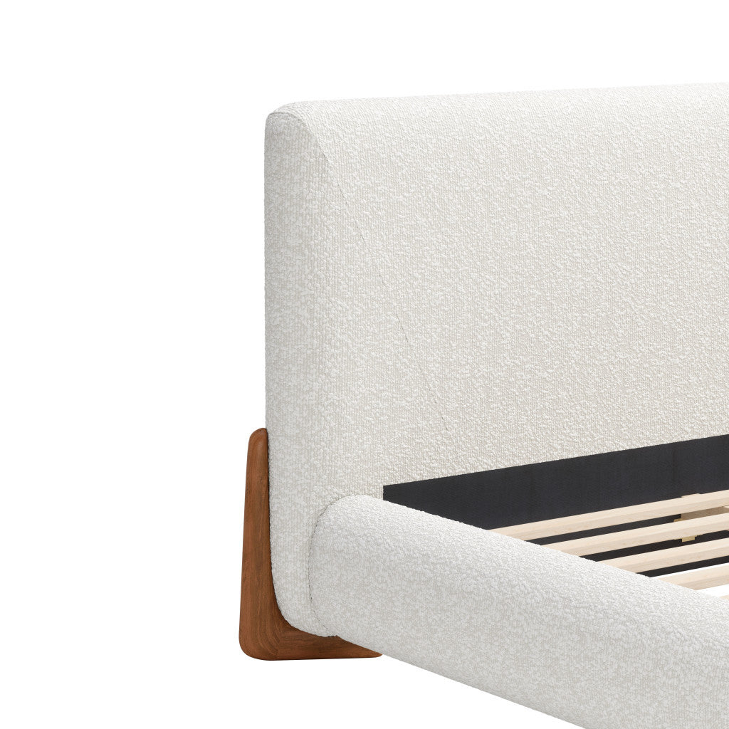Ivory Solid Wood And Boucle Queen Bed Frame