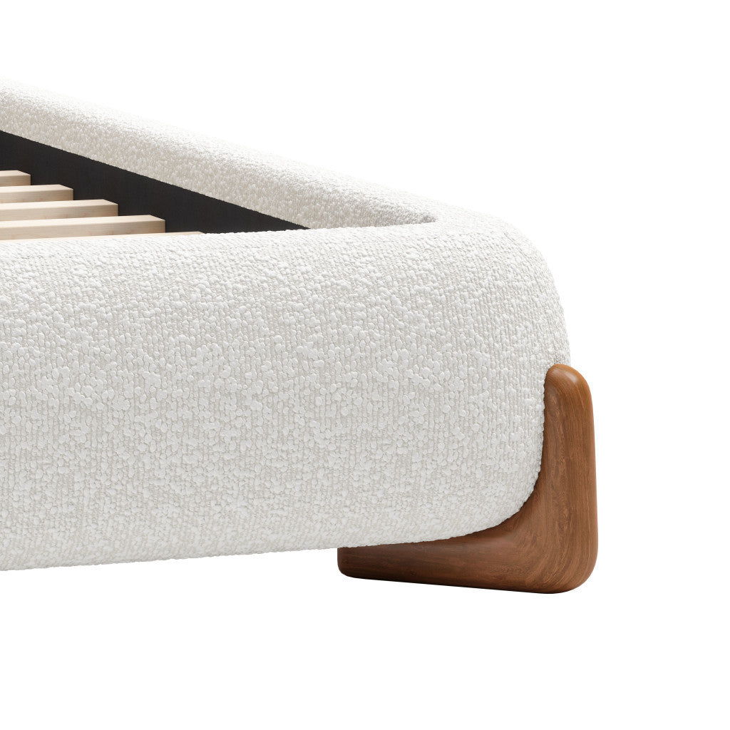 Ivory Solid Wood And Boucle Queen Bed Frame