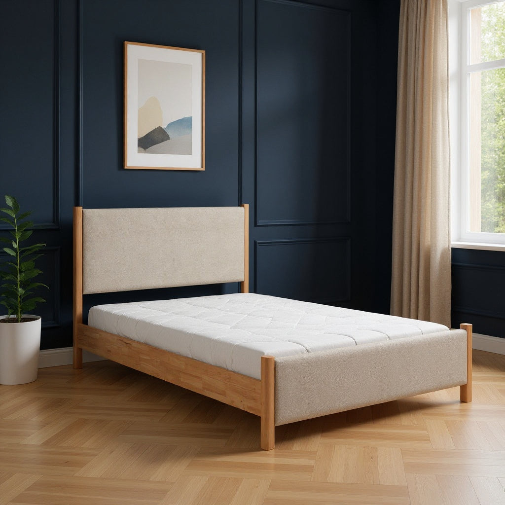 Beige Wood And Upholstery Queen Bed Frame