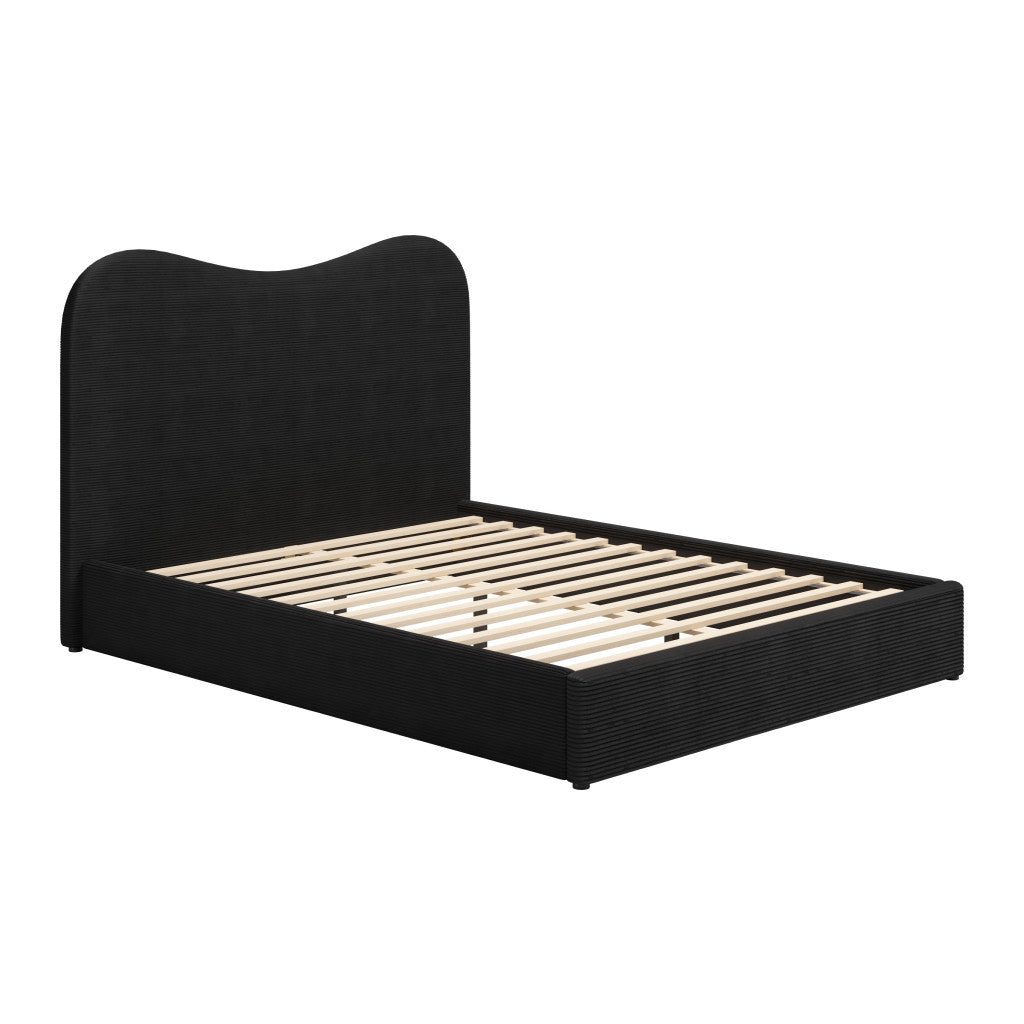 Black Ribbed Texture Velvet Upholstered Queen Bed Frame