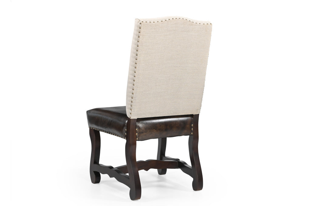 Set of Two Cream and Dark Brown Wood Leather And Linen Dining Side Chairs