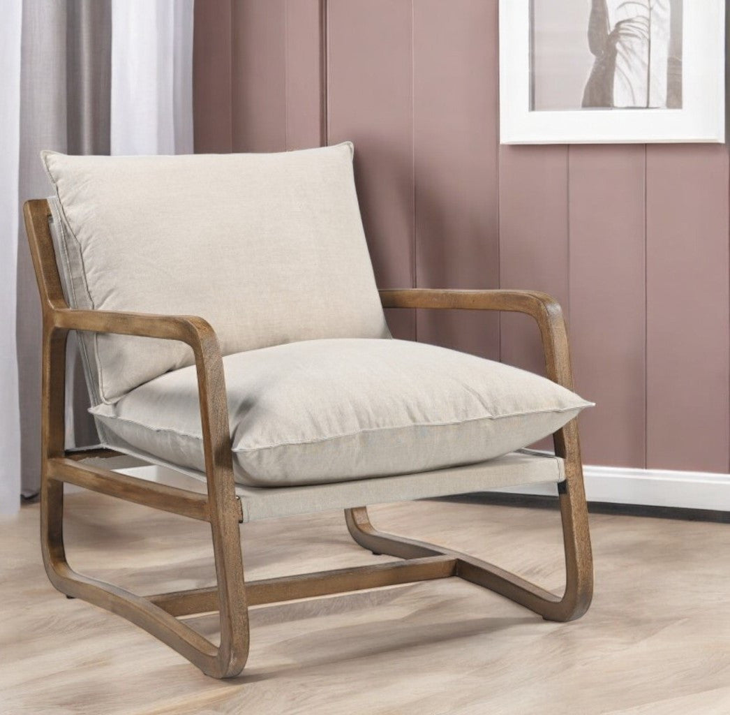 30" Beige And Natural Linen Arm Chair