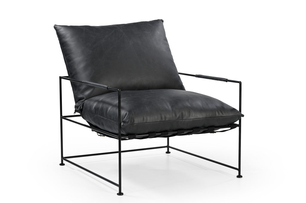 28" Black Genuine Leather Distressed Arm Chair