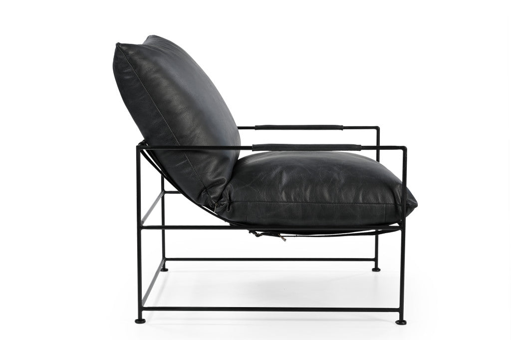 28" Black Genuine Leather Distressed Arm Chair