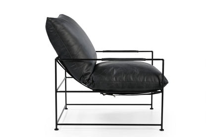 28" Black Genuine Leather Distressed Arm Chair