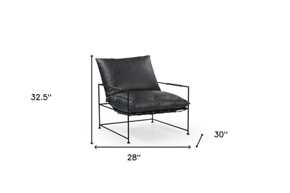 28" Black Genuine Leather Distressed Arm Chair