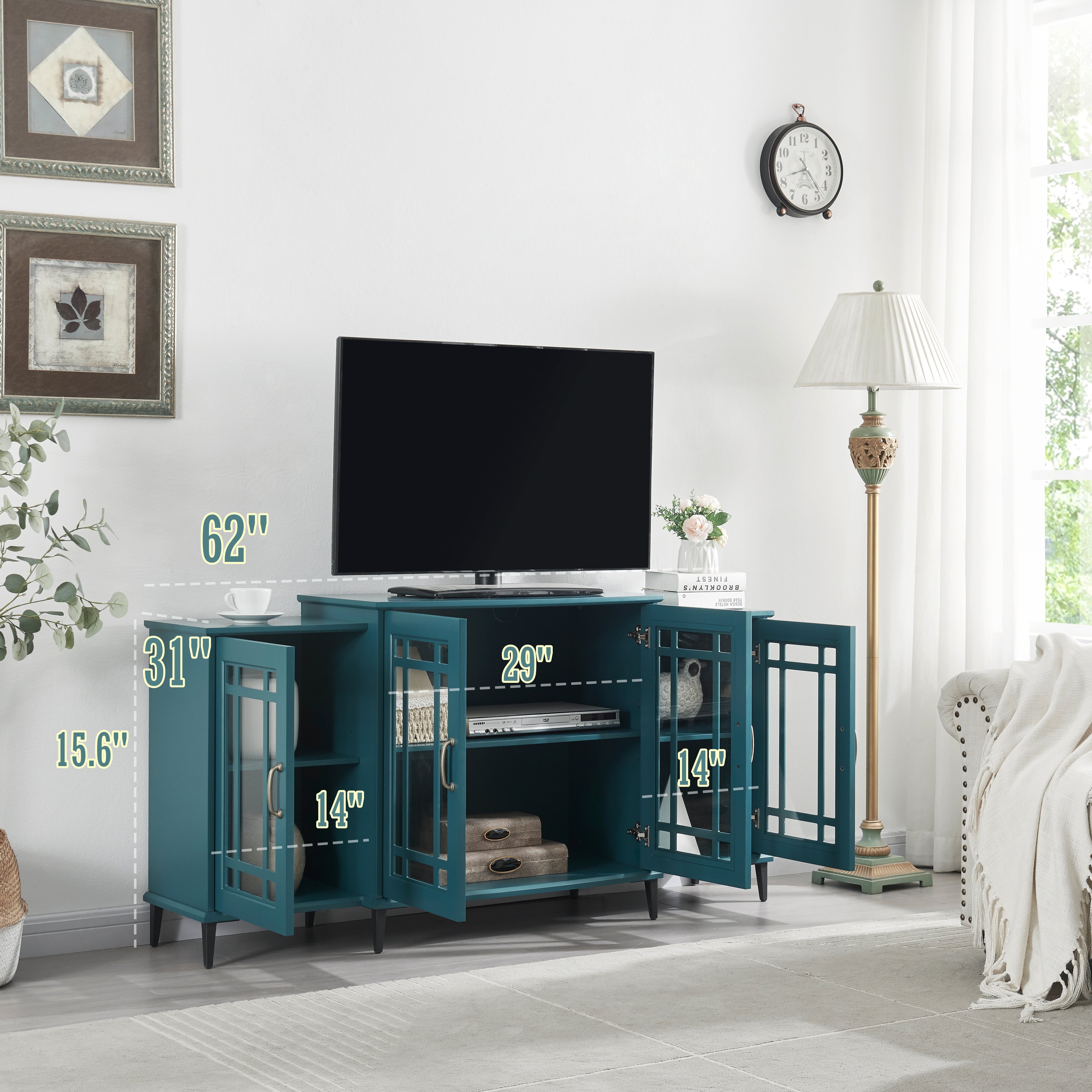 62 TV Stand, Buffet Sideboard Cabinet, Teal Blue