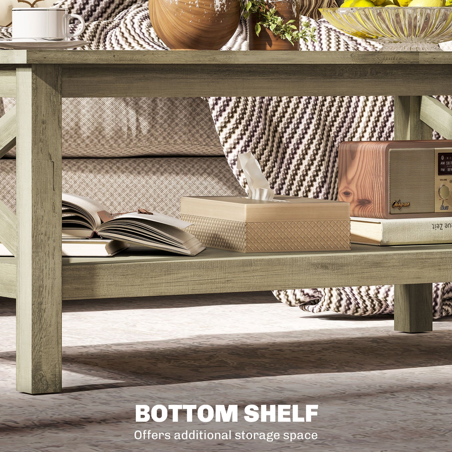 Coffee Table with Tempered Glass Tabletop, Living Room Table with Wood Frame and Underneath Storage Shelf, Gray