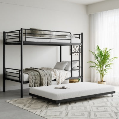 Twin Bunk Bed With Trundle Metal Bunkbeds With Ladder And Full-Length Guardrail, Noise Free, No Box Spring Needed, Black