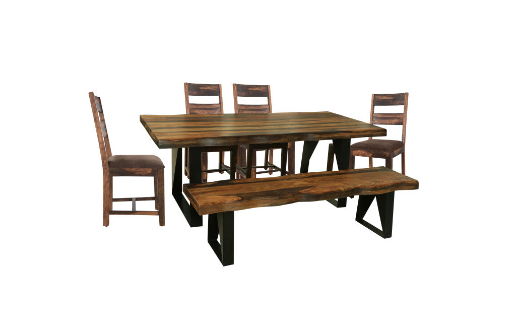 Six Piece Dark Brown and Black Solid Wood Dining Set with Four Chairs