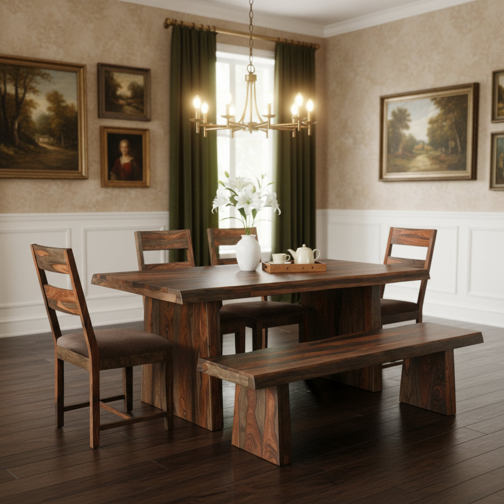 Six Piece Dark Brown Solid Wood Dining Set with Four Chairs