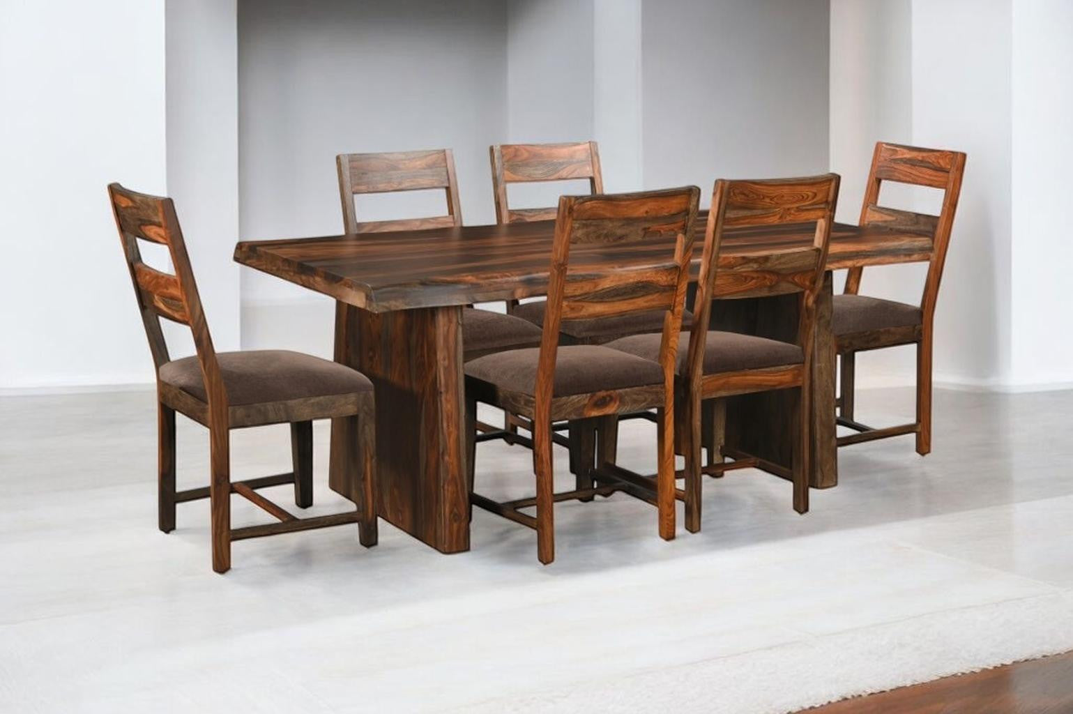 Seven Piece Dark Brown Solid Wood Dining Set with Six Chairs