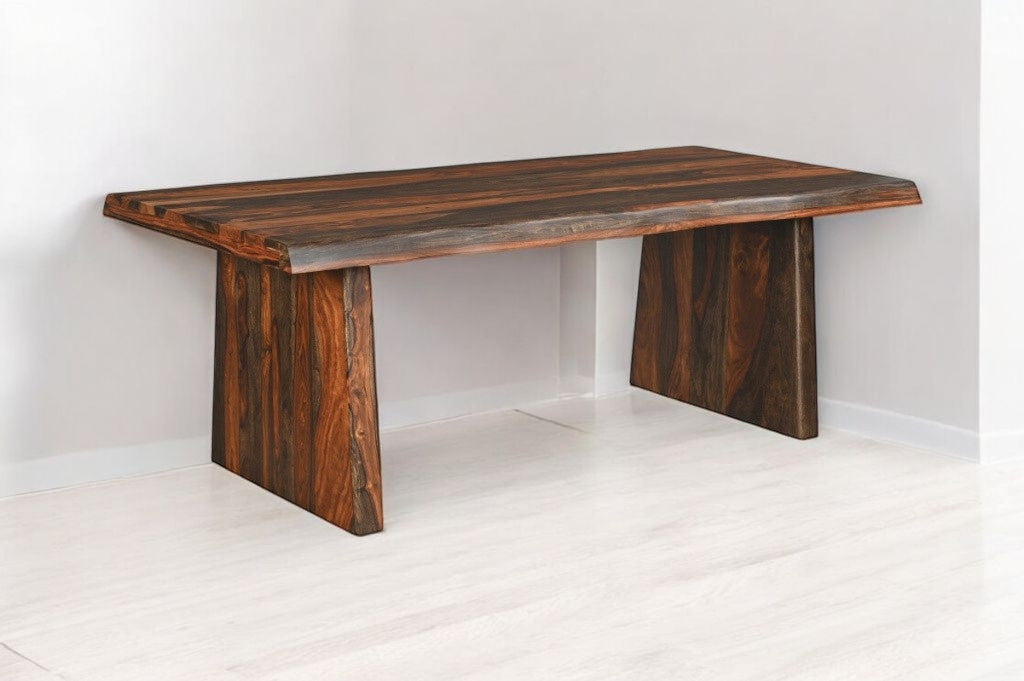 Nine Piece Dark Brown Solid Wood Dining Set with Eight Chairs