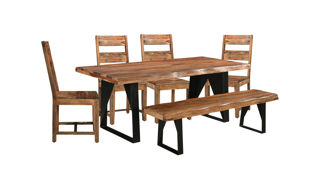 Six Piece Brown and Black Solid Wood Dining Set with Four Chairs