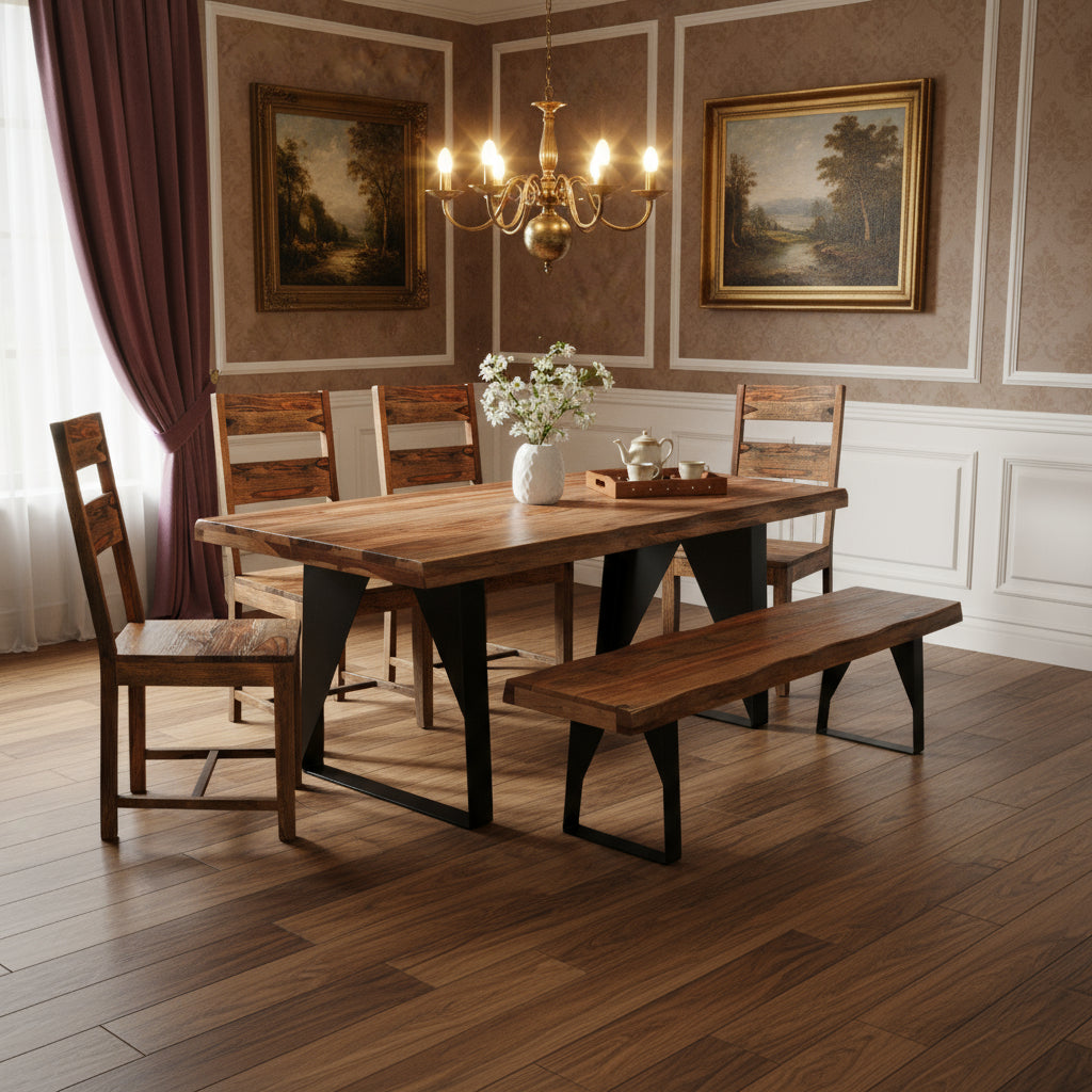 Six Piece Brown and Black Solid Wood Dining Set with Four Chairs