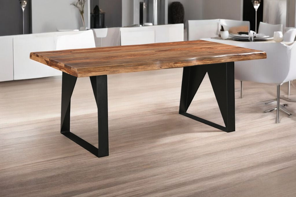 Seven Piece Brown and Black Solid Wood Dining Set with Six Chairs