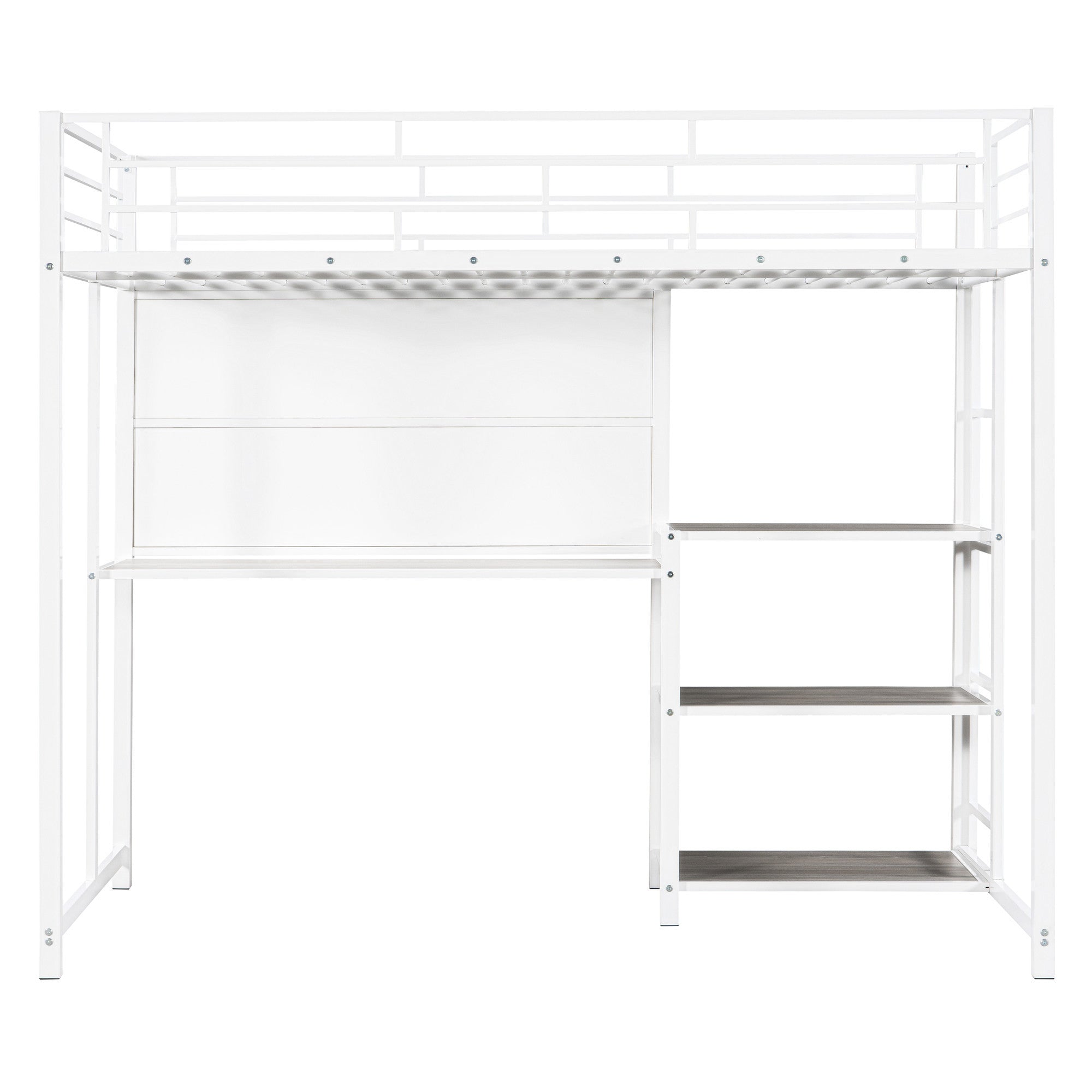 White Slat Steel Twin Loft Bed With Desk And Shelves